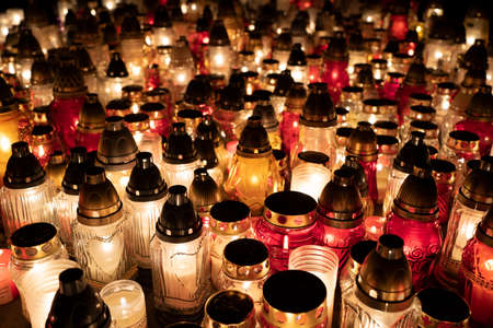 Lanterns in the cemetery at night, Paris, France