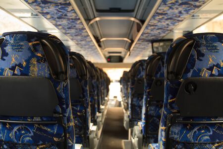 Empty Tour Bus Horizontal waits for tourists to board for a tourの写真素材
