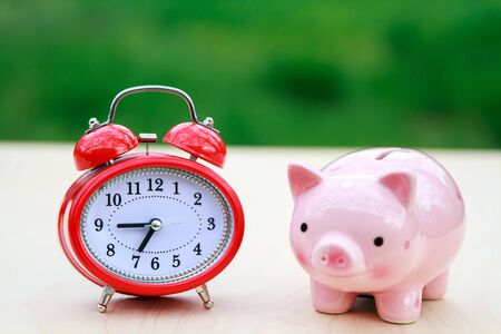 Close up of a red alarm clock and a pink piggy bank on a white and green background. 