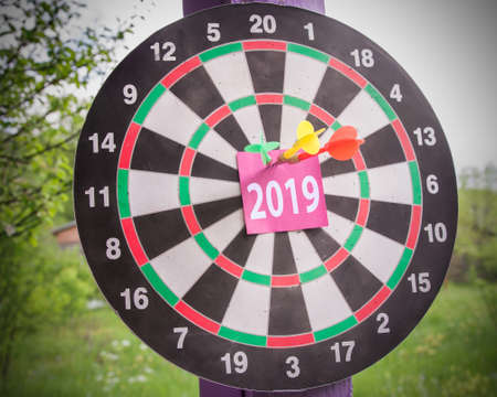 Colorful dartboard with 2019 sticker concept of achieving goals. の写真素材
