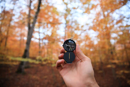 A beautiful male hand holds a magnetic compass in the coniferous autumn forest.