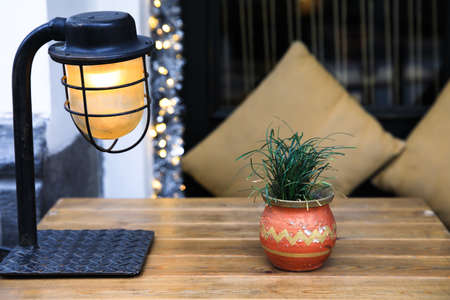 lamp with plant on cafe tableの写真素材