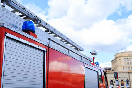 fire truck in city streetの写真素材