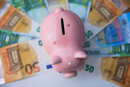 pink piggy bank on moneyの写真素材