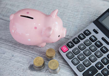 coins with piggy bank and calculator on the tableの写真素材