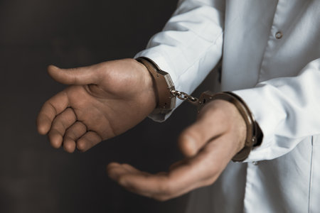 doctor hand handcuffs on the dark background