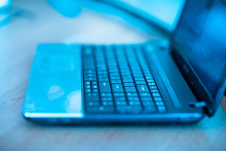 computer on the desk backgroundの写真素材