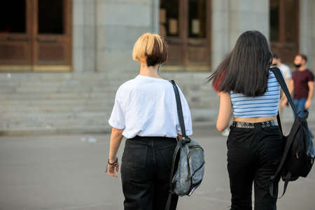 two woman in the street backgroundの写真素材