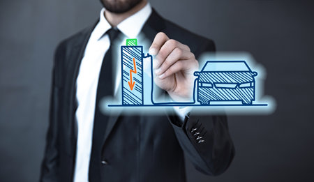 man touching eco car in the screenの写真素材