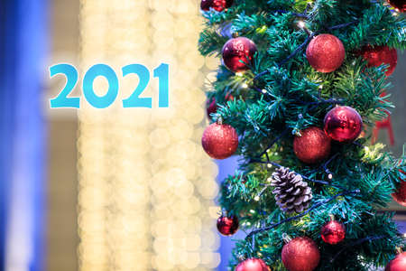 Happy new year 2021 and christmas treeの写真素材