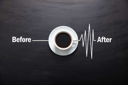 cup of coffee with before and after on black backgroundの写真素材