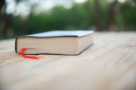 Holy Bible on the wooden background in natureの写真素材