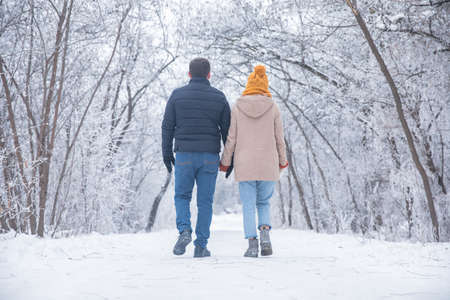 young couple hand in hand in winter parkの写真素材