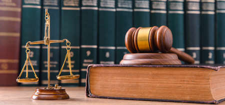 law and justice concept. Gavel of the judge, books, scales of justiceの写真素材