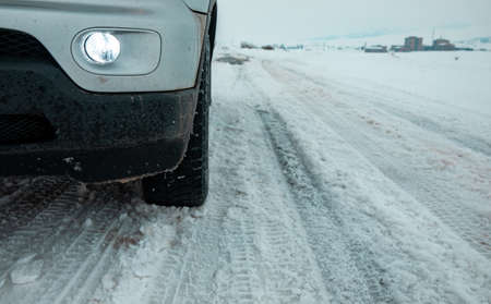 Close up of car tires in winter