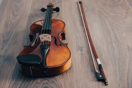 Classic violin on table, string musical instrument