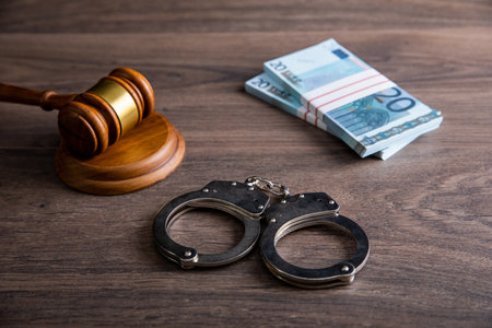 Gavel and handcuffs on the envelope with money.の写真素材