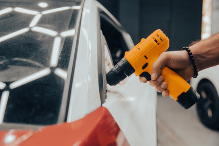 Car repair holding drill while working on engineの写真素材