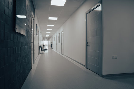 Empty long modern office corridorの写真素材