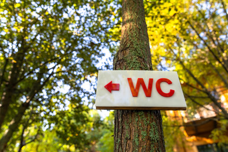 WC sign on a tree in the forestの写真素材