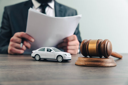 Judge with toy car and gavel on tableの写真素材