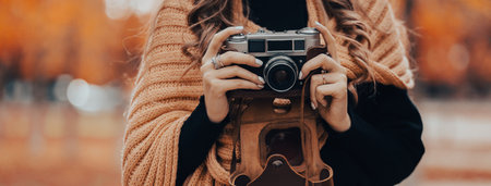 Girl holding an old vintage camera in her handの写真素材