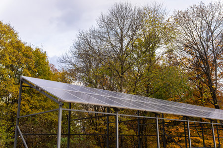 Solar panels in the autumn forestの写真素材