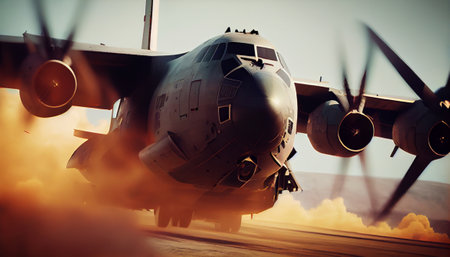 Military plane makes landing at sunset. Generative AIの素材