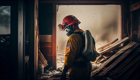 Rescuer among the destroyed houses in the evening. Generative AIの素材