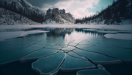 Frozen forest lake in the mountains. Generative AIの素材