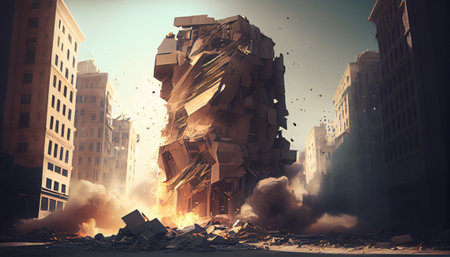 Terrorist attack in the city in the evening. Generative AIの素材