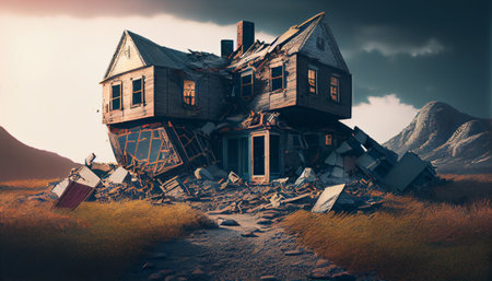 Lonely destroyed house on the field. Generative AIの素材