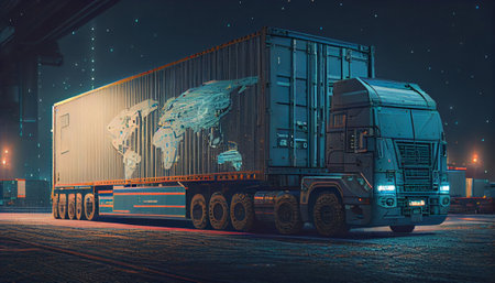 The truck stands on the street in the evening. Generative AIの素材