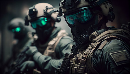 Soldiers in masks are preparing for a special operation. Generative AIの素材