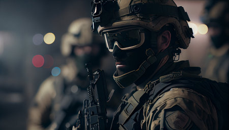 Soldiers in masks are preparing for a special operation. Generative AIの素材
