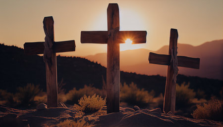 Wooden cross on a hill at sunset. Generative AIの素材