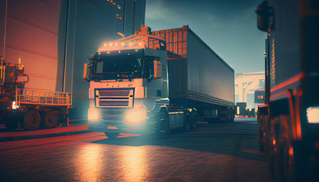 The truck stands on the street in the evening. Generative AIの素材