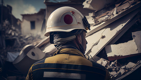 Rescuer among the destroyed houses in the evening. Generative AIの素材