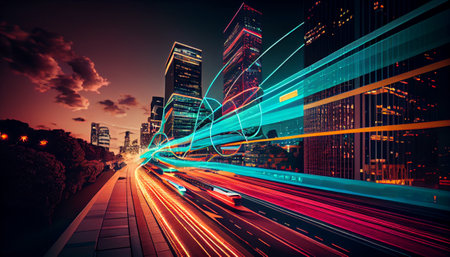 Smart digital city with high speed light trail of cars of digital data transfer. Generative AIの素材