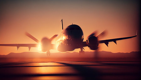 Passenger plane makes landing at sunset. Generative AIの素材