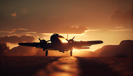 Passenger plane makes landing at sunset. Generative AIの素材