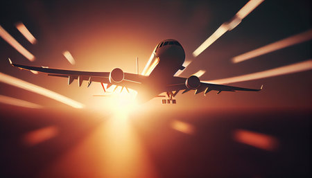 Passenger plane in the sky at sunset. Generative AIの素材