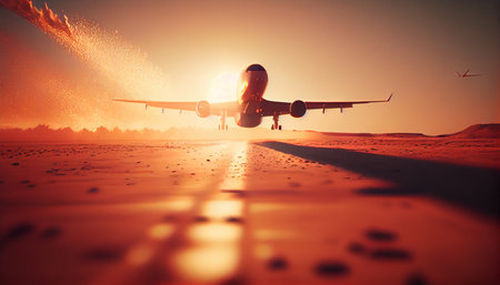 Passenger plane makes landing at sunset. Generative AIの素材