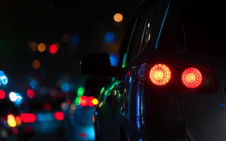 Cars are stuck in traffic at nightの写真素材