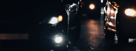 Cars are stuck in traffic at nightの写真素材