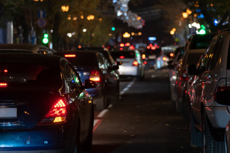 Cars are stuck in traffic at nightの写真素材