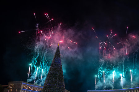 New Year's and a tree in the cityの写真素材