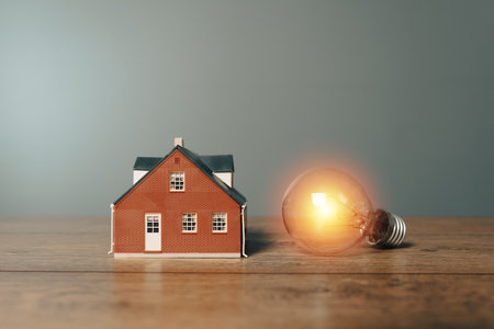 House and light bulb on the tableの写真素材