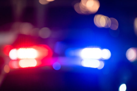 Police car with flashing lights at night