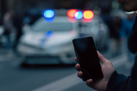 Holding a phone against the backdrop of police cars in the cityの写真素材